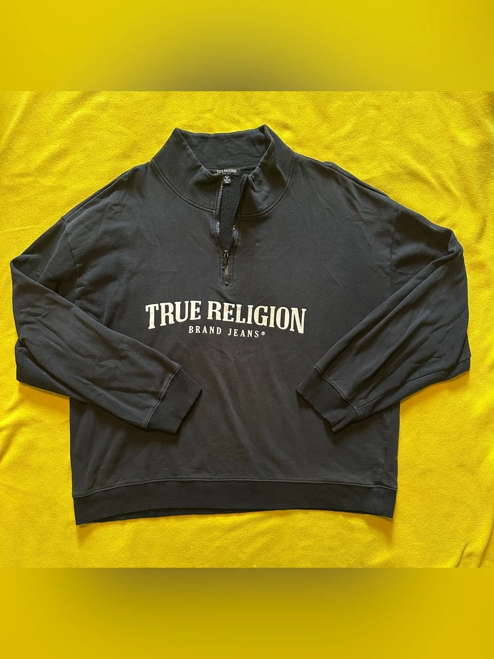 True Religion Men's Black Arch Logo Half Zip Sweatshirt Pullover